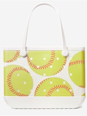 Bogg Bag Original White Tote with Neon Yellow Softball Print